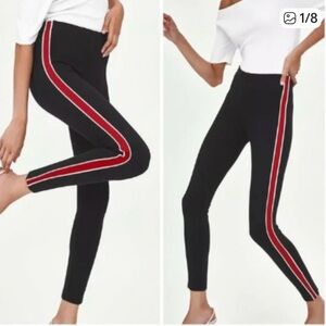 Zara Trafaluc Stretchy Black Ponte Leggings with Red Side Stripe Size Women’s S
